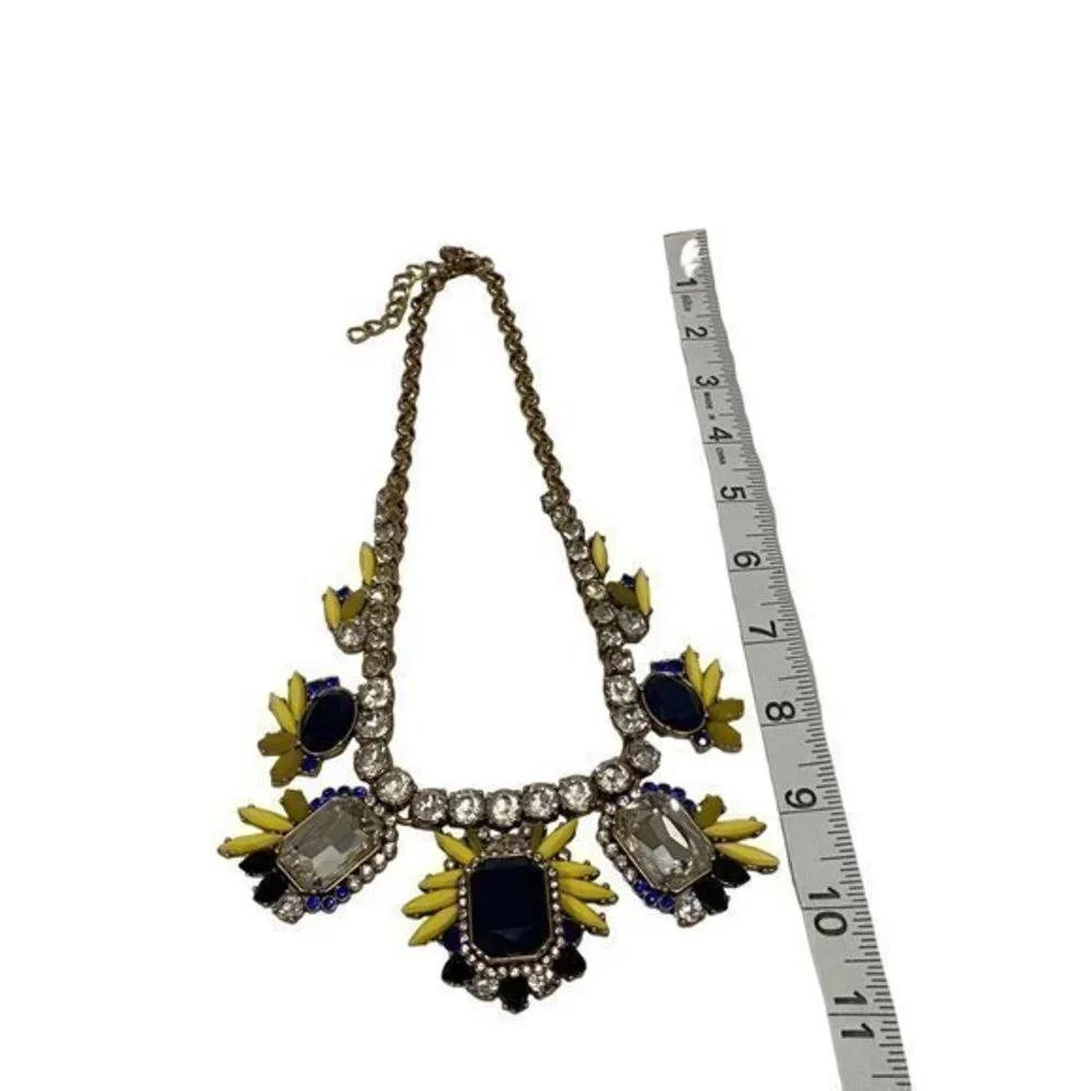 Chunky Gold‎ Tone Statement Necklace Blue Yellow and Clear Rhinestones